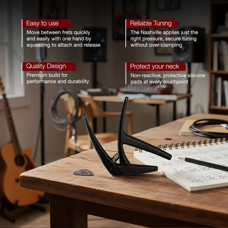G7th Nashville Guitar Capo, Steel String Satin Black - 55mm Lightweight, Fast Action Spring Capo -Silicone Protection for Guitar Neck & Tone Clarity - Perfect for 6 String Acoustic or Electric Guitars - Image 5
